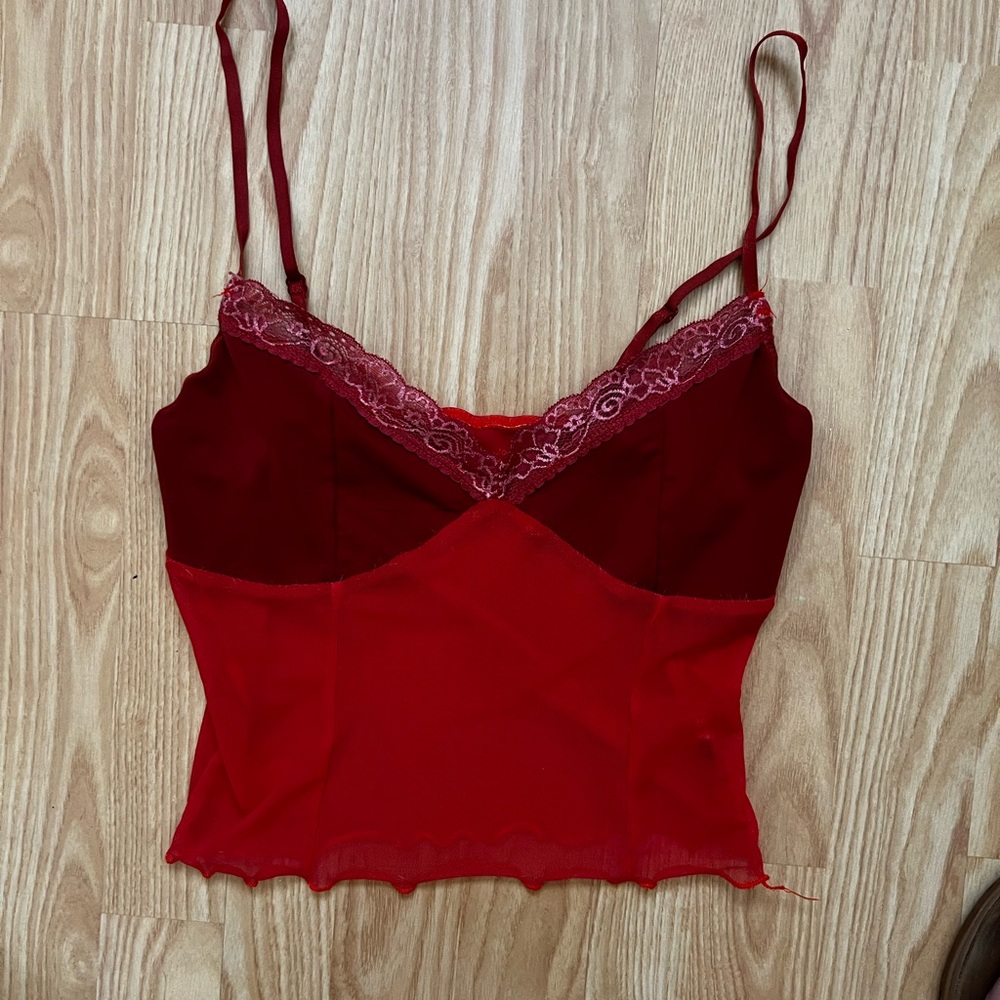Red lace mesh tank top